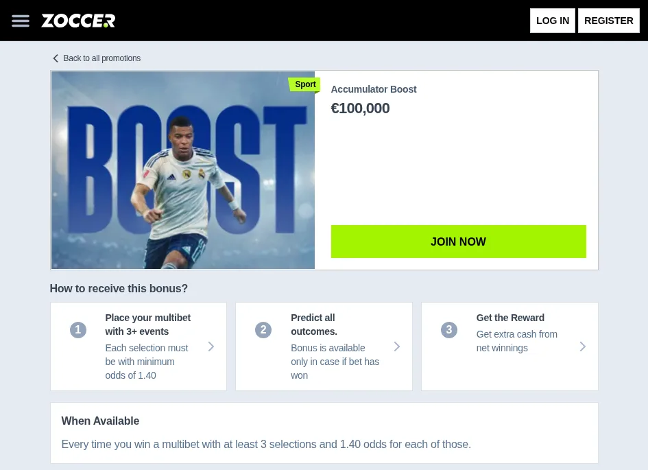 Zoccer Accumulator Boost promotion