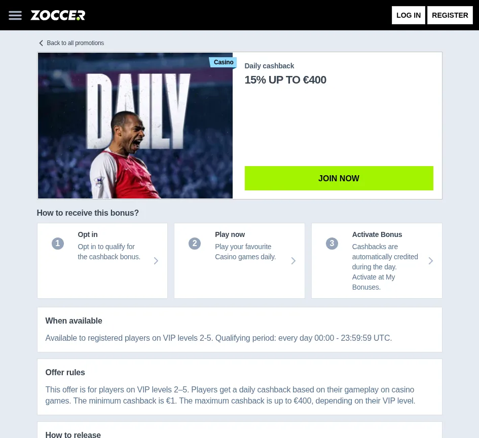 Zoccer daily cashback 15% up to 400 euro