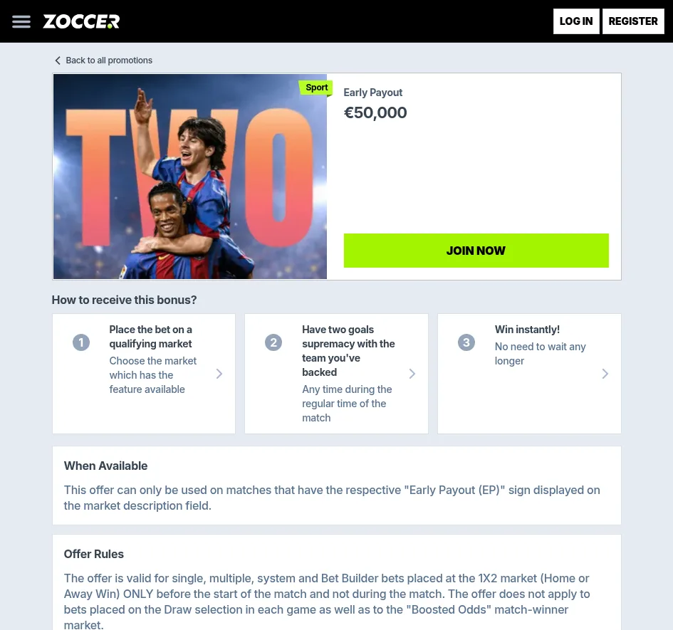 Zoccer 2-goals-ahead early payout promotion