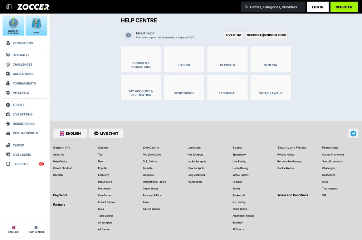 Zoccer Help Centre page