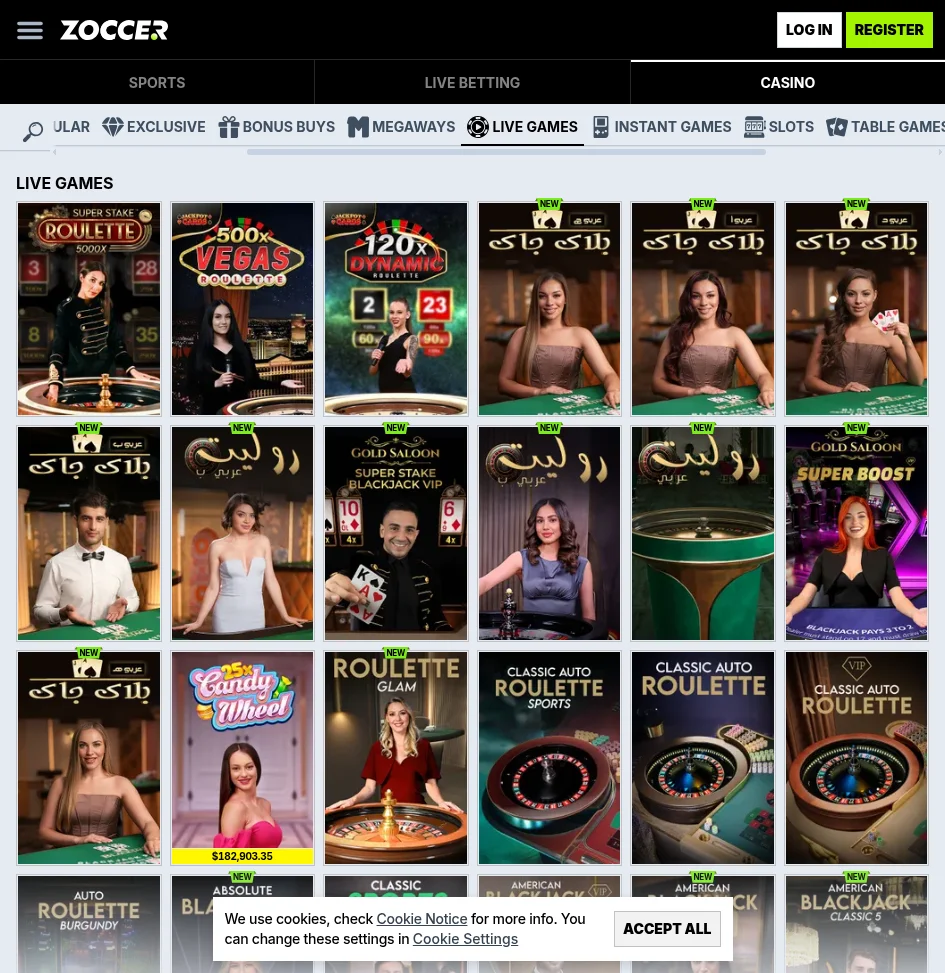 Zoccer live casino lobby with roulette, blackjack and game-show tables from multiple studios