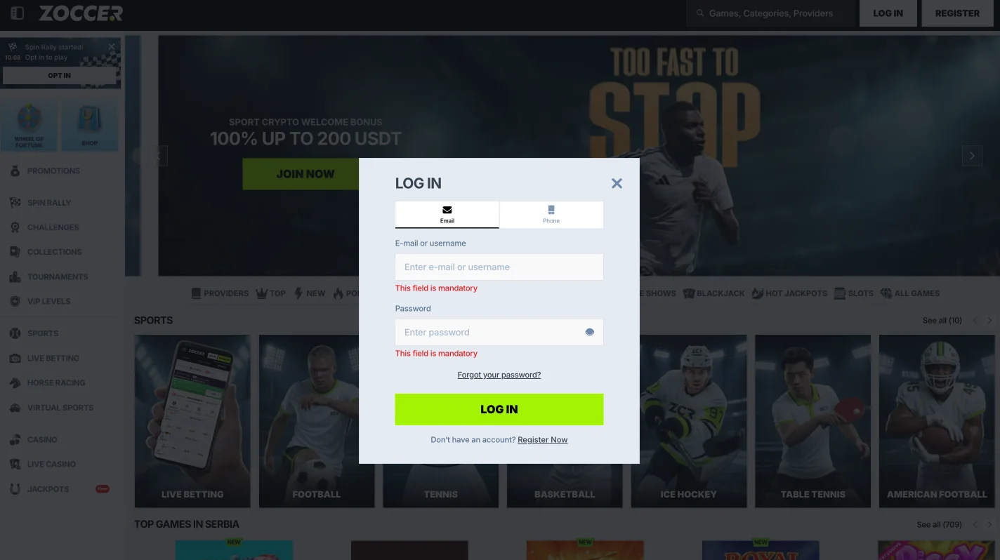 Zoccer login modal with email or username and password fields and a forgot-password link