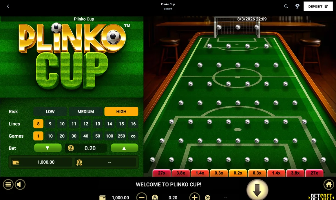 Plinko Cup game showing risk levels, lines and multipliers