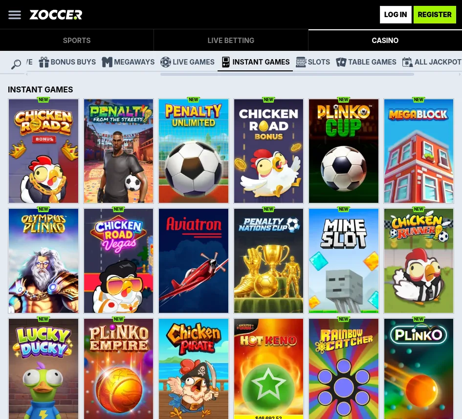Zoccer instant games section showing Plinko Cup, Olympus Plinko, Plinko Empire and crash titles