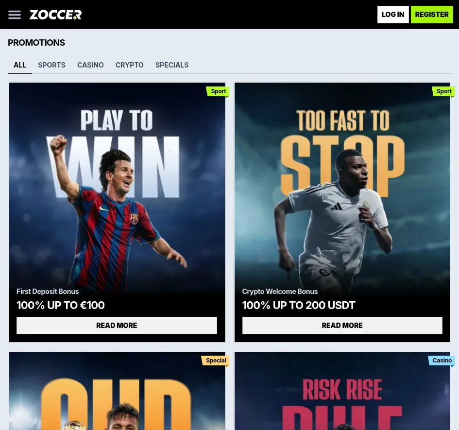 Zoccer promotions page showing casino, sport and crypto bonus cards