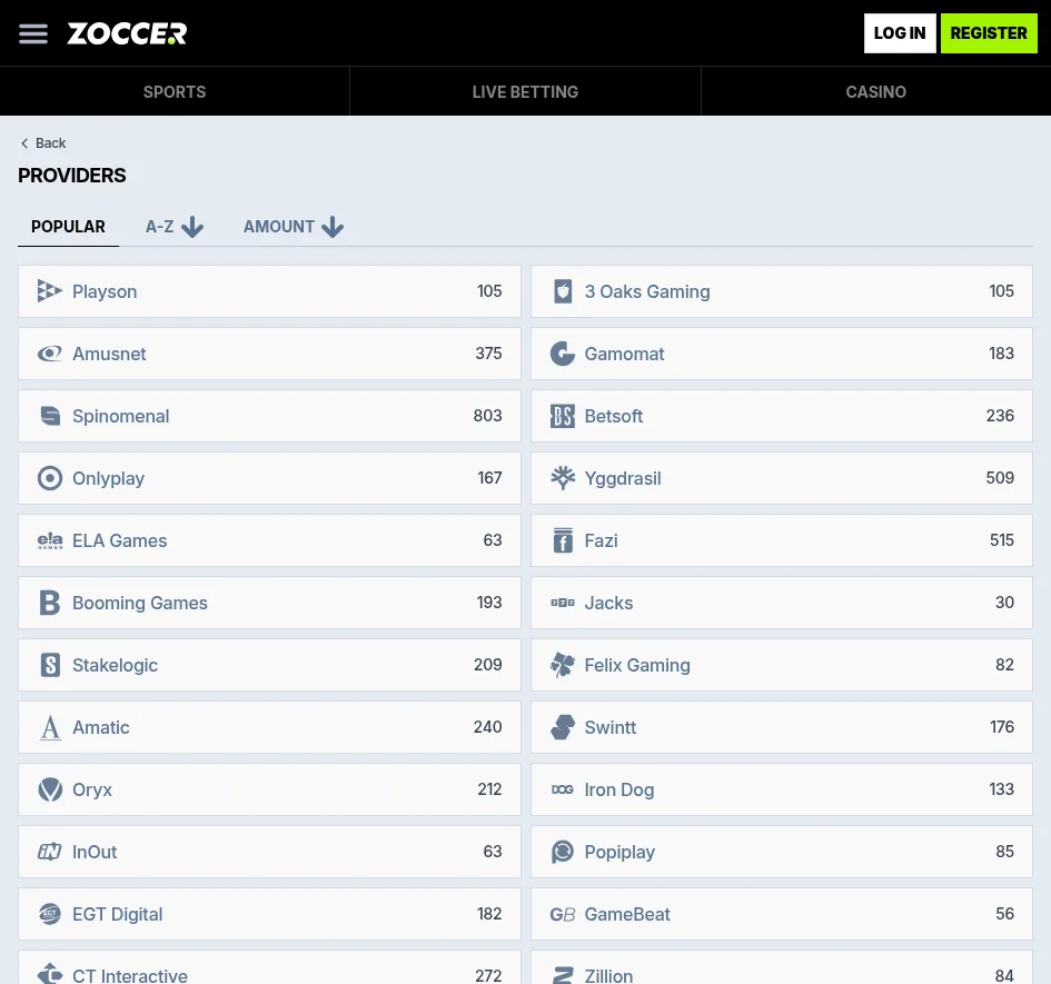 Zoccer providers page listing studios with per-provider game counts