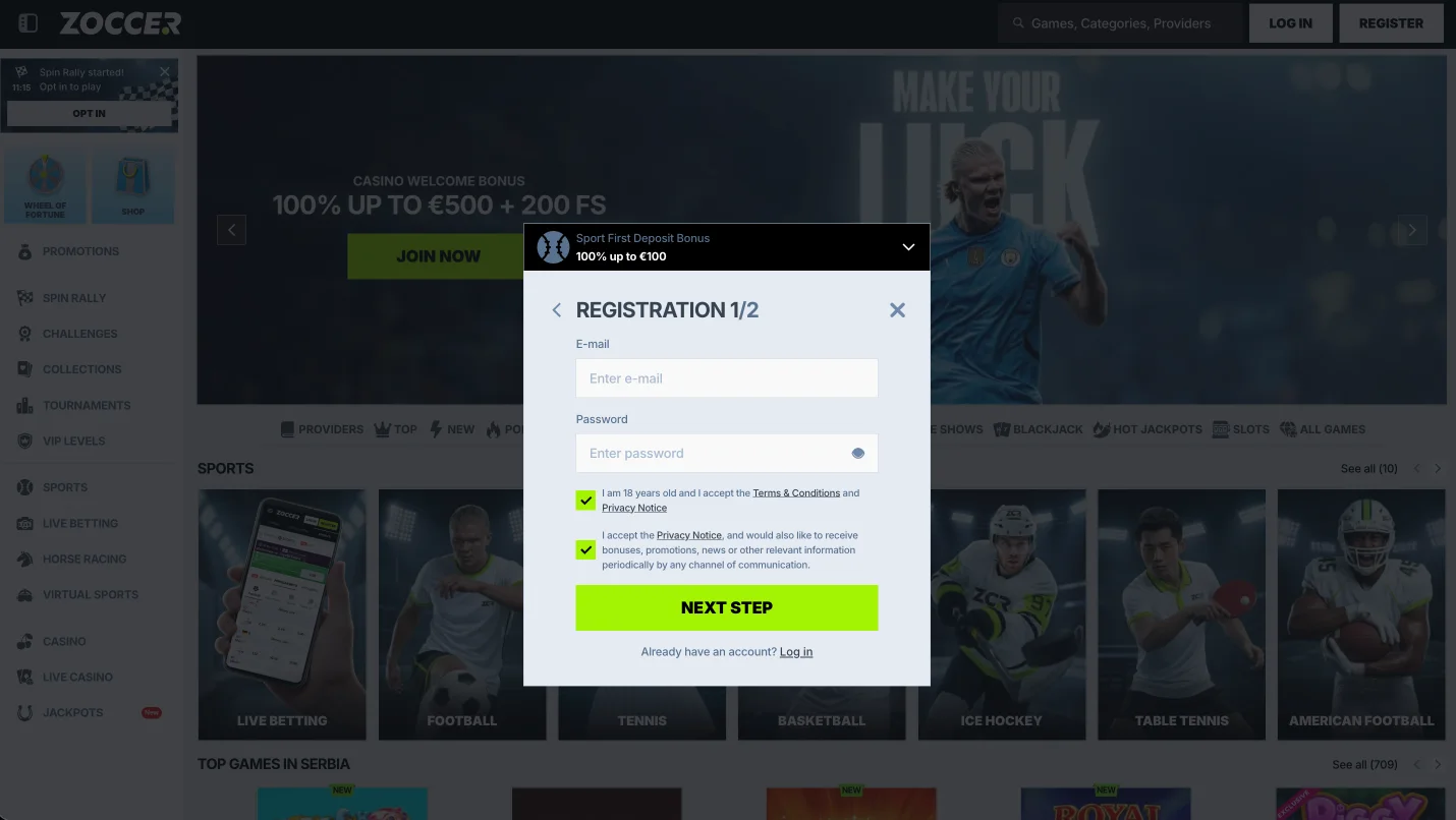 Zoccer registration form step 1 of 2 with email, password and consent checkboxes