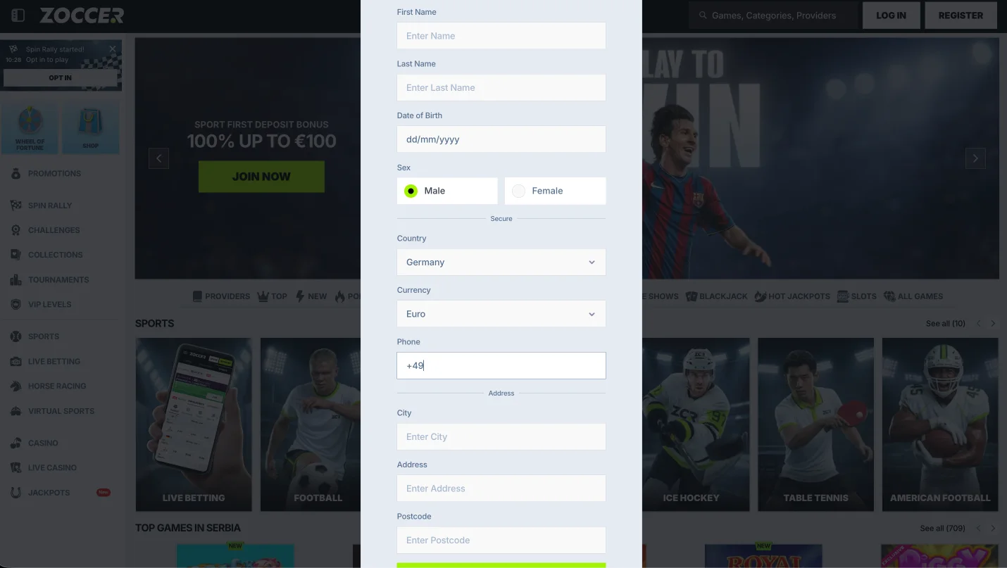 Zoccer registration form step 2 with name, date of birth, country, currency and address fields