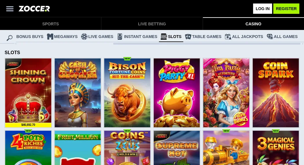 Zoccer slots grid with real game thumbnails including Shining Crown, Cash of Cleopatra and Coins of Zeus