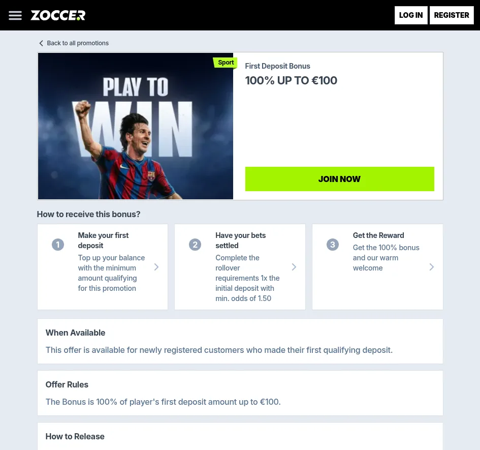 Zoccer sport first-deposit bonus 100% up to 100 euro