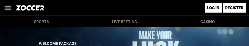 Zoccer top navigation showing SPORTS, LIVE BETTING and CASINO tabs