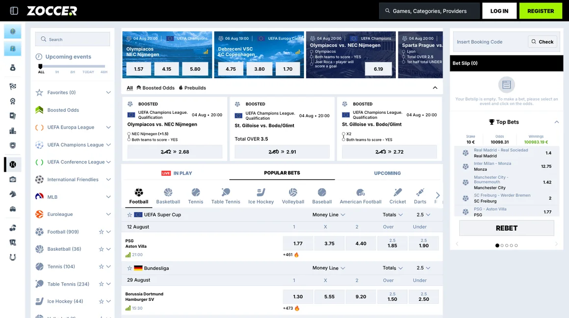 Zoccer sportsbook with live football odds and a bet slip