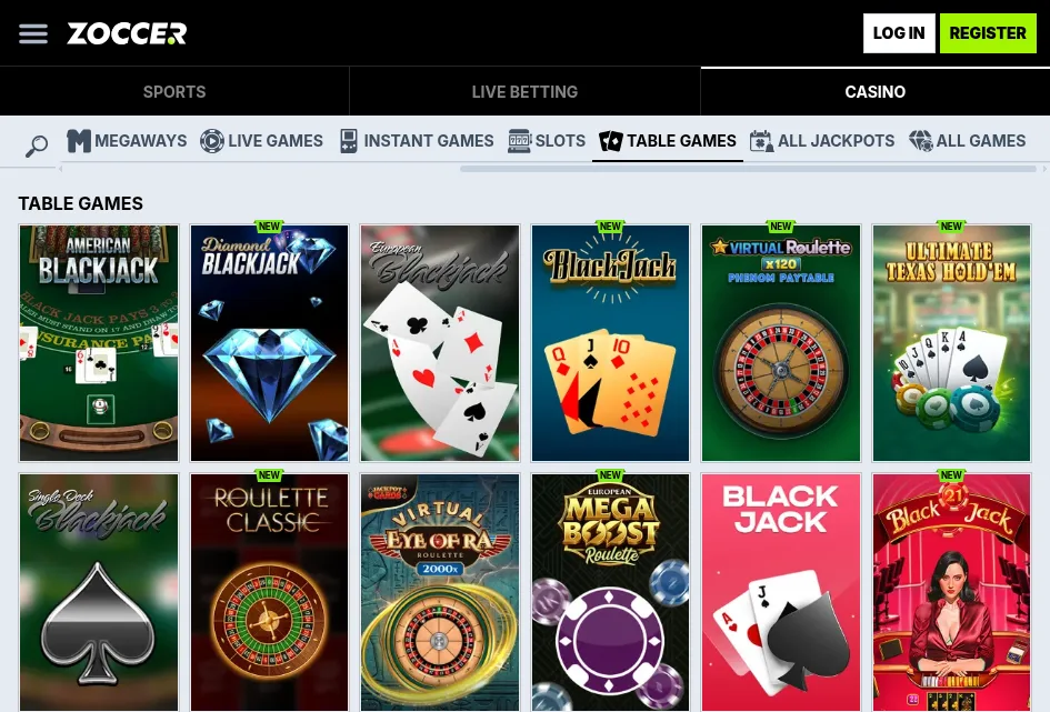 Zoccer table games lobby with blackjack, roulette and baccarat titles