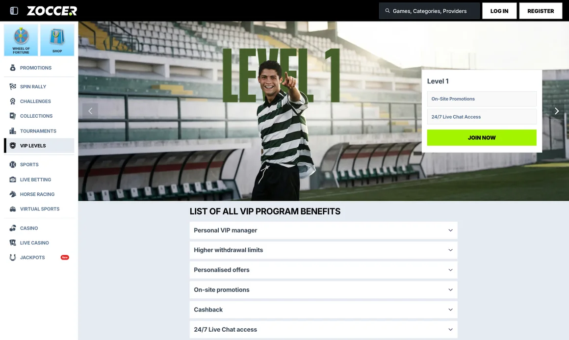 Zoccer VIP levels page