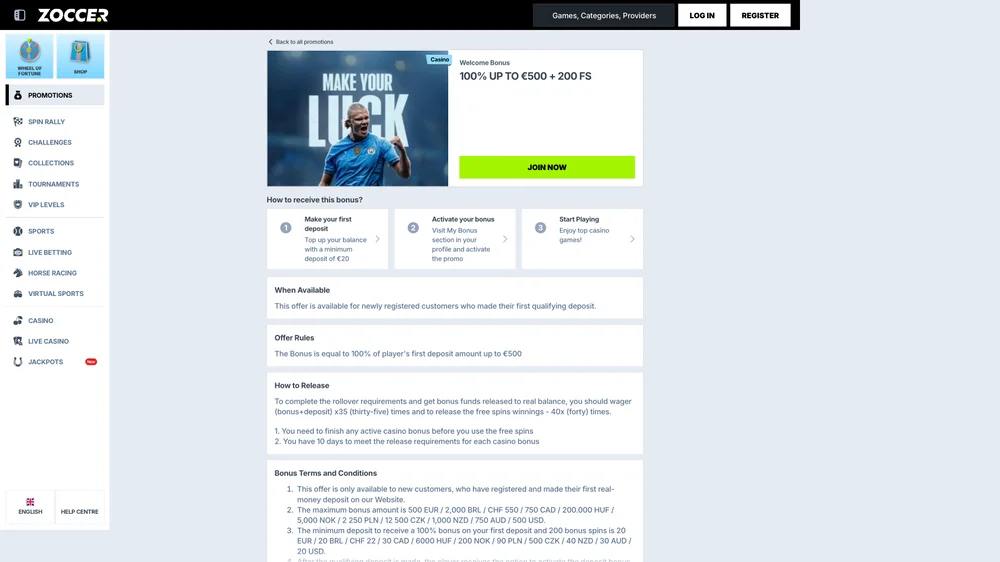 Zoccer official welcome bonus page with how-to-receive steps