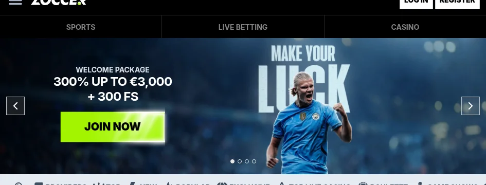 Zoccer casino homepage hero showing the 300% up to €3,000 plus 300 free spins welcome package