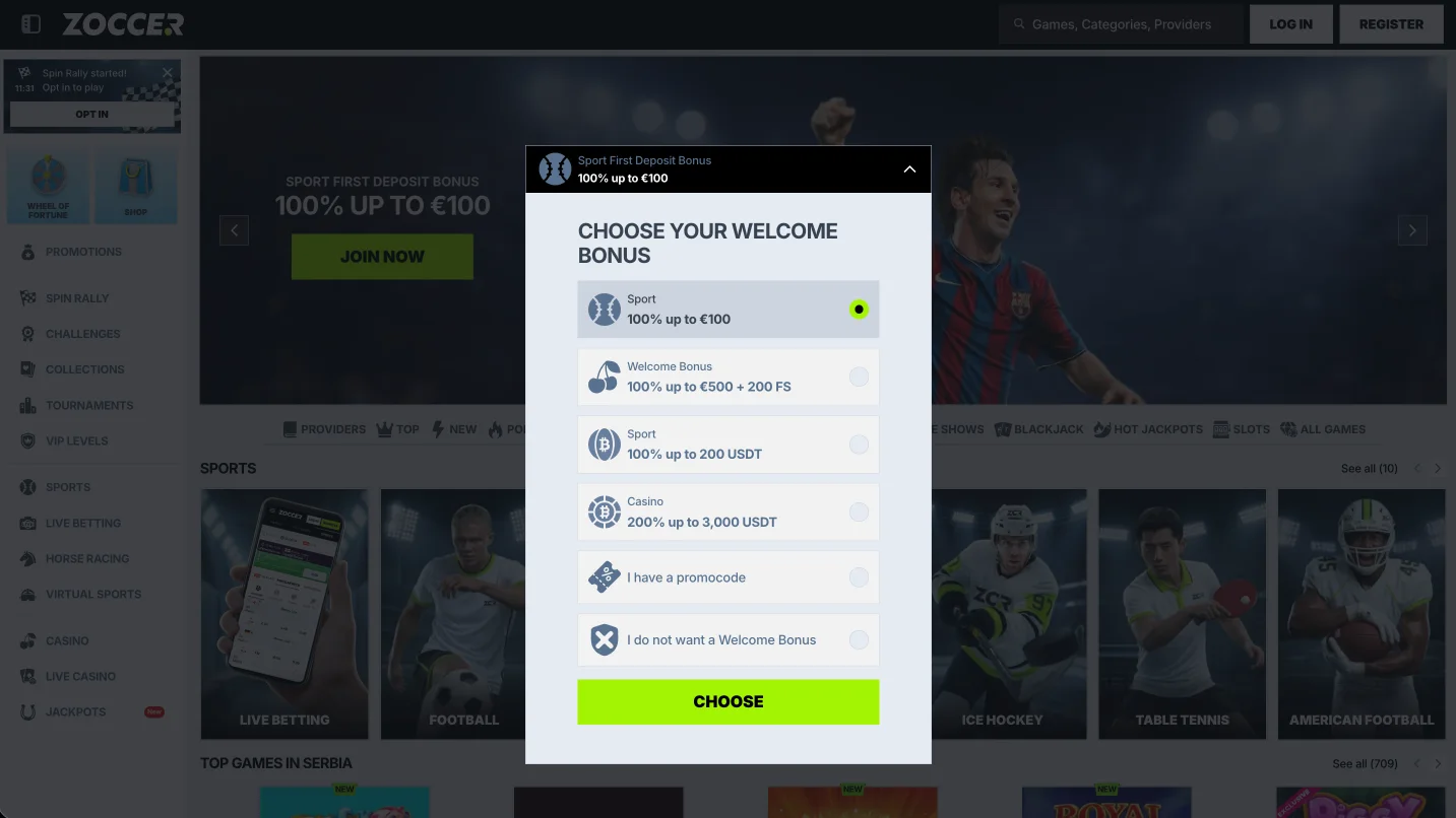 Zoccer welcome bonus chooser modal listing the casino, sport and crypto offers